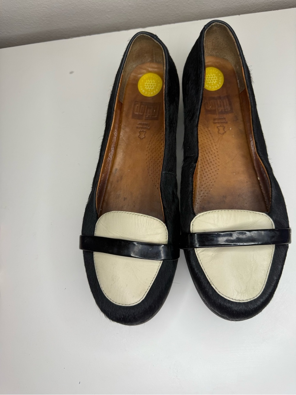 FitFlop Pony Hair Loafers EUR 39 Black Leather Ballet Flats F Pop White 8-8.5